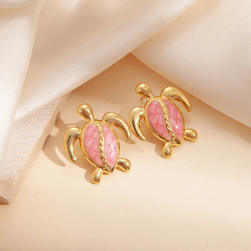 ANENJERY 316L Stainless Steel Colorful Stripes Turtle Earrings For Women Niche Design Unique Cute Jewelry Gifts Wholesale