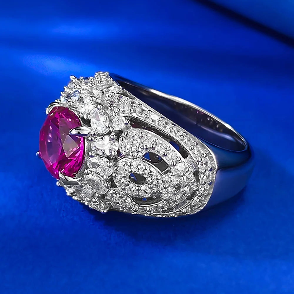 Vintage 100% 925 Sterling Silver 8mm Rose Red Ruby Rings for Women Gemstone Wedding Cocktail Party Fine Jewelry Anniversary Gift