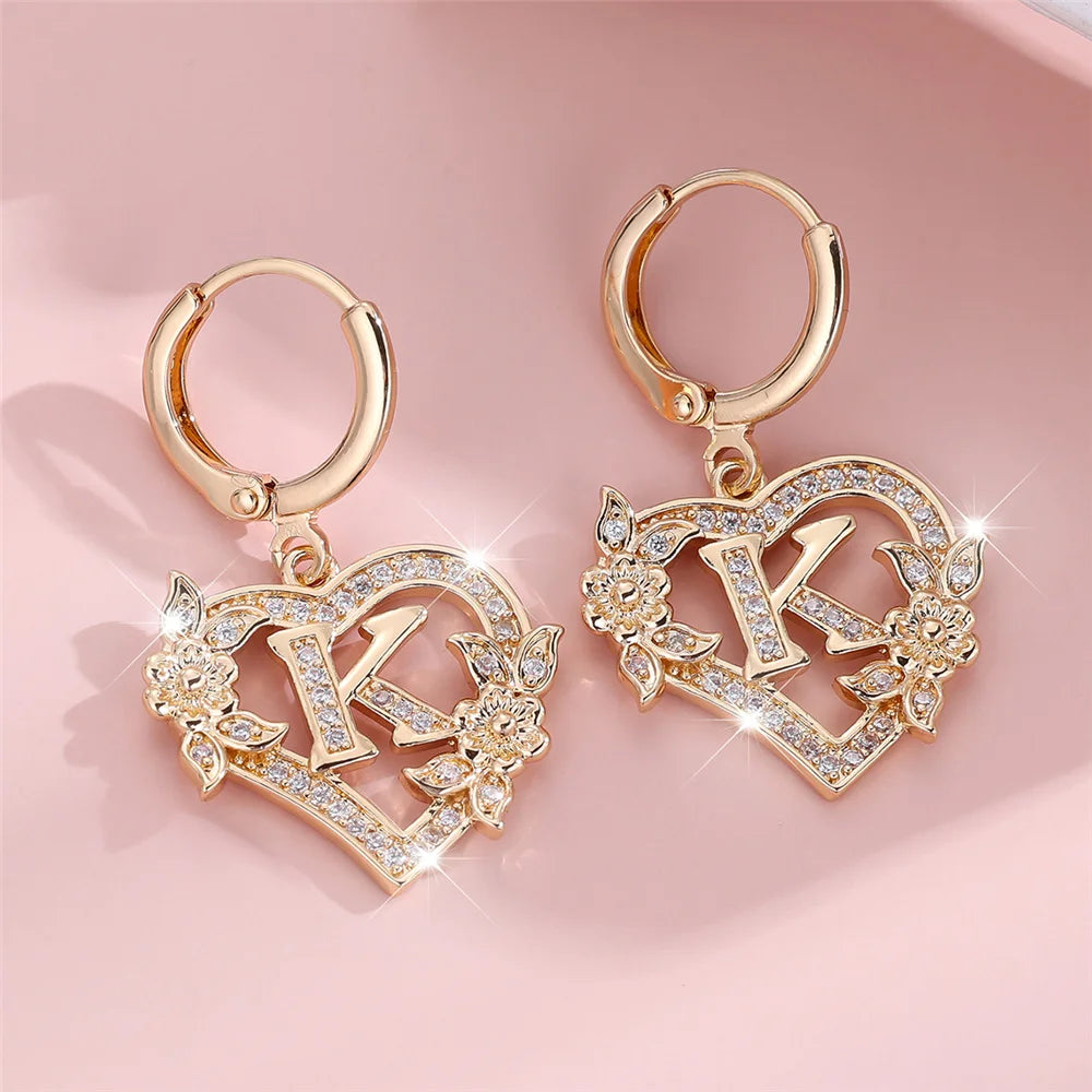 Female A-Z 26 Letter Heart Flower Hoop Earrings Yellow Gold Color White Zircon Wedding Jewelry For Women