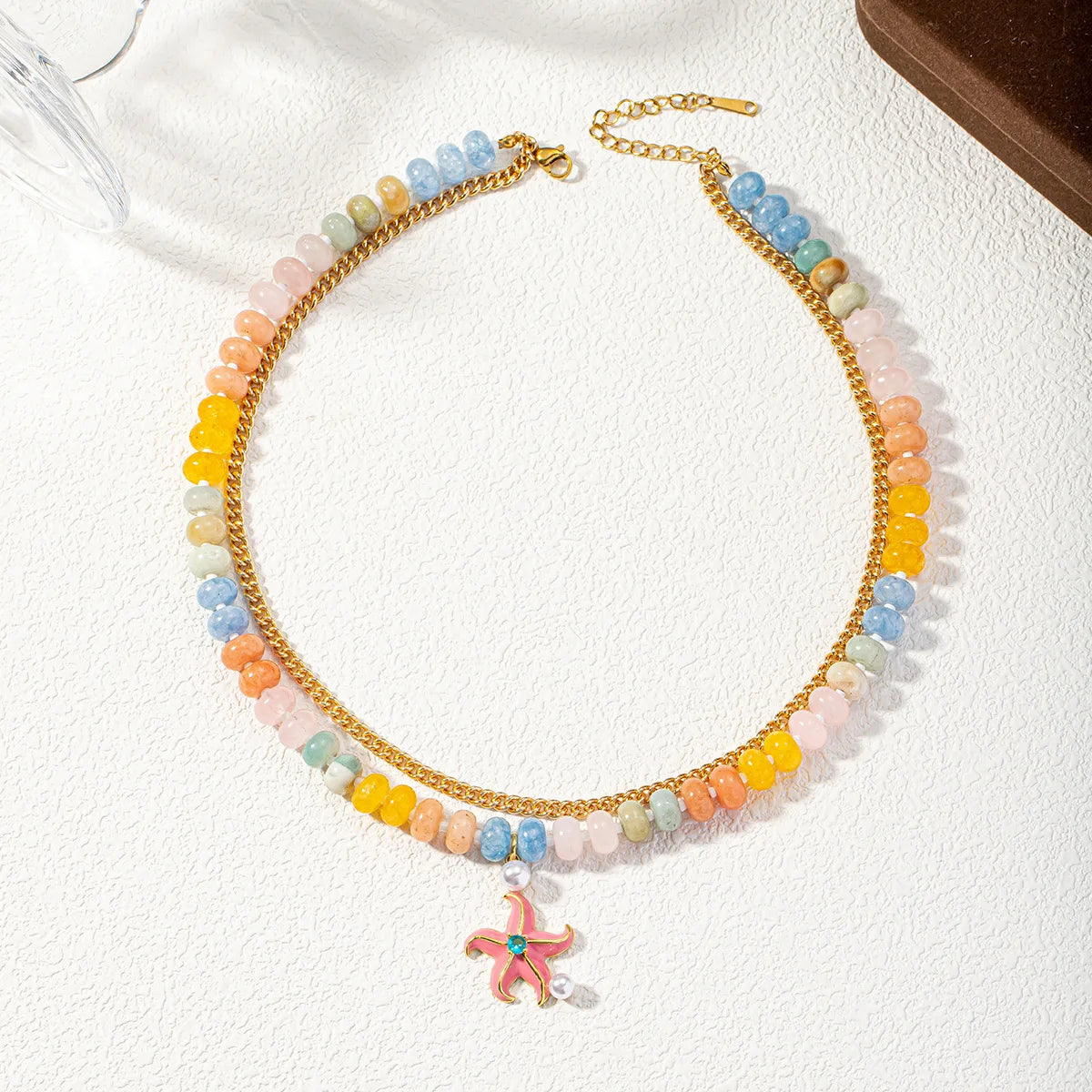 Handmade Natural Stone Beads Choker Necklace Women Colorful Enamel Starfish Pendant Stainless Steel Chain Necklaces Boho Jewelry