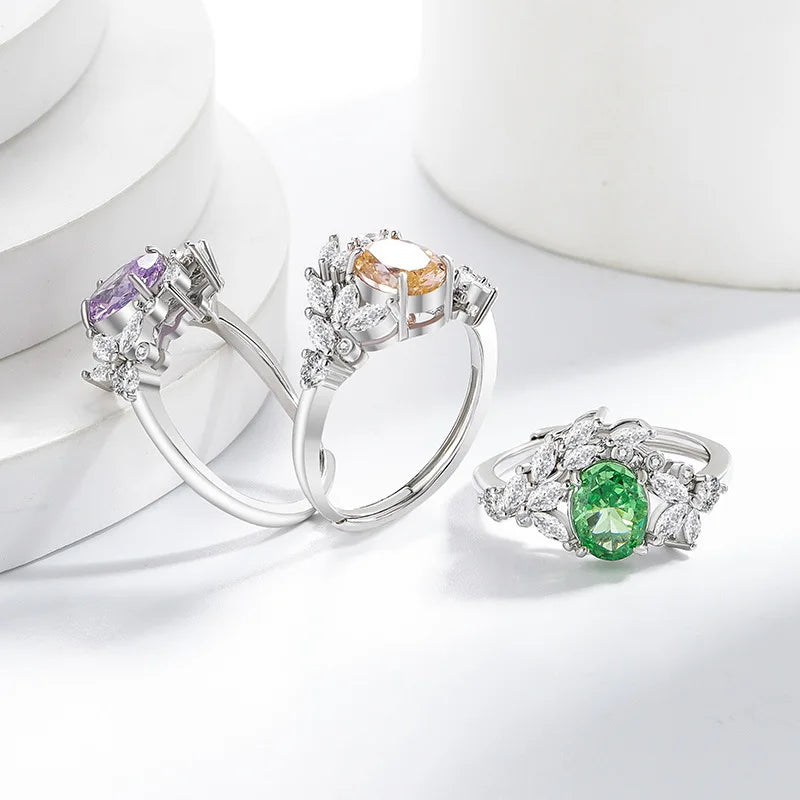 925 Sterling Silver Ice Flower Cut Jadeite Ring with Zircon Inlay - Super Sparkling Ring for Women