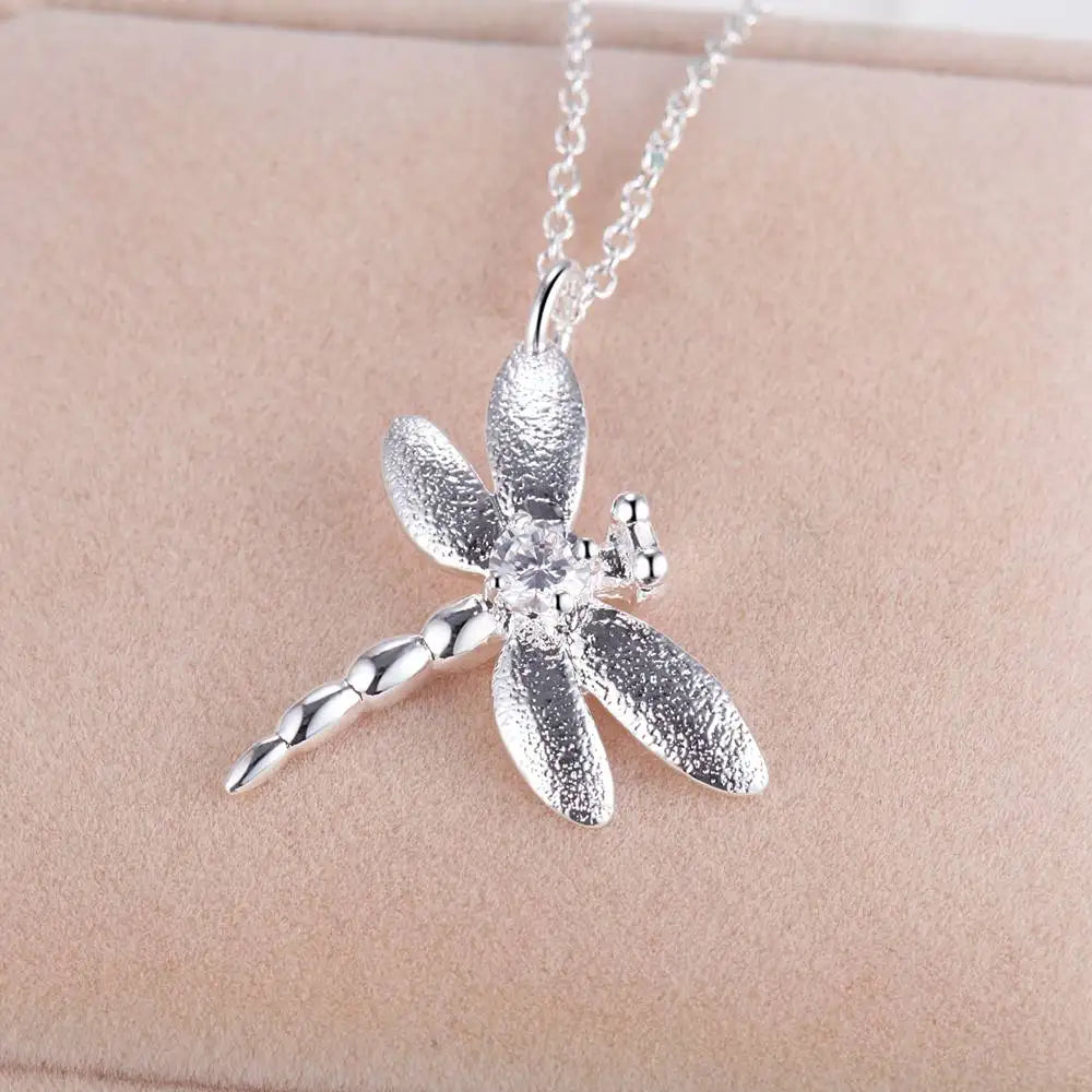 New 925 Sterling Silver Set High Quality Dragonfly Necklace Earring Chain Fashion Jewelry For Women Wedding Birthday Party Gift