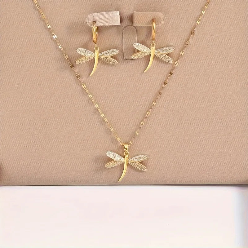 Fashion Gold Color Copper Dragonfly Earrings Necklace Set Zirconia Sparkling Temperament Women Wedding Jewellery Set Accessories
