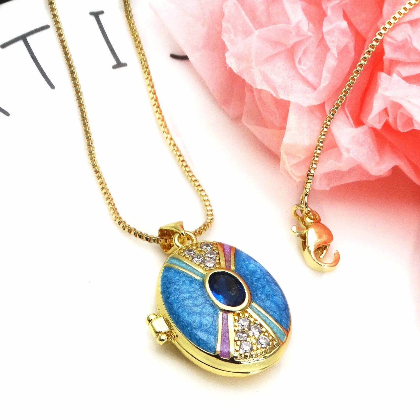 Micro Zircon oil drip photo box Pendant necklace case gaine pendant necklace copper chain jewelry necklace