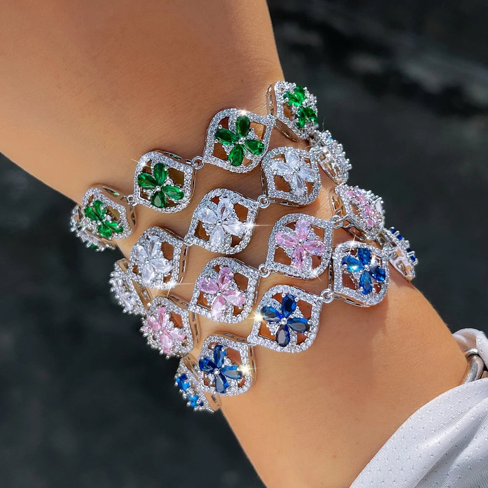 ThreeGraces Luxury Shiny Pink Cubic Zirconia Big Flower Leaf Shape Bridal Wedding Party Link Chain Bracelet for Women BR439