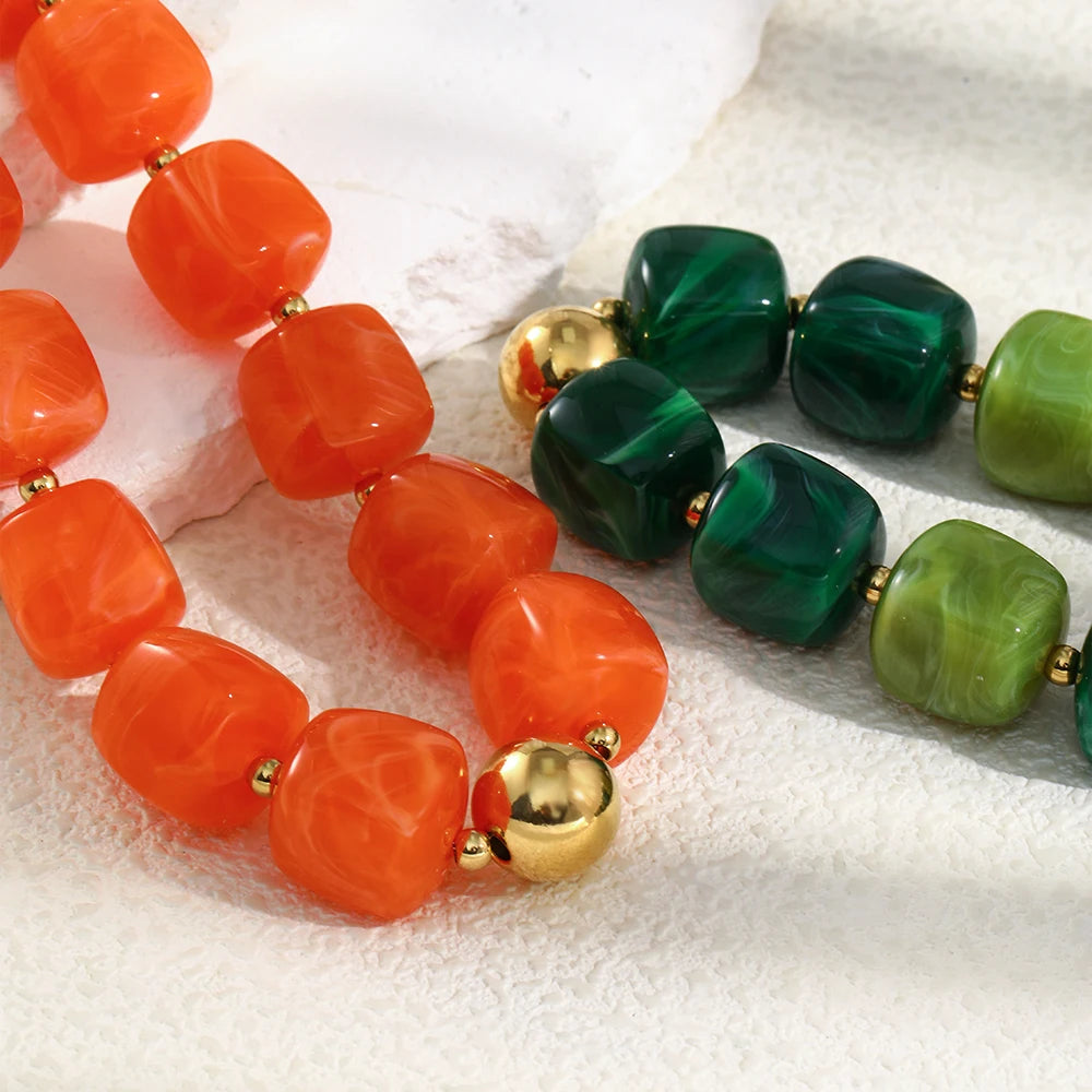 E.B.belle Vintage Statement Acrylic Square Bead Necklace Gold Plated Suitable For Ladies Green Red Bead Tarnish Free Jewelry