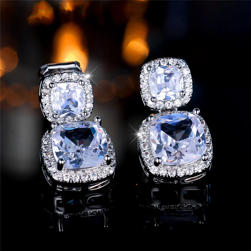 Luxury Big White Zircon Clip Earrings For Women Luxury Crystal Female Silver Color Round Wedding Jewelry
