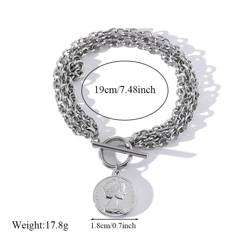 EILIECK New Fashion Stainless Steel Coins Heart Charm Bracelet For Women Trendy Gold Silver Color Wrist Chain Jewelry Lady Gift