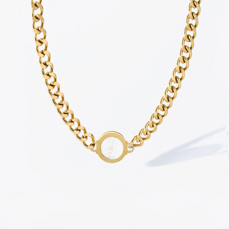 EILIECK 316L Stainless Steel Double-sided Round Roman Numerals Dial Charm Necklace For Women New Punk Neck Chain Jewelry Gift