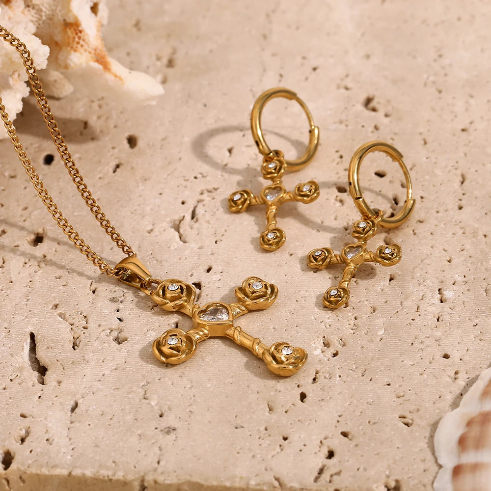 E.B.belle White Rhinestone Rose Cross Necklace Earring Flower Jewelry Set Stainless Steel 18K Gold Plated Waterproof Charm