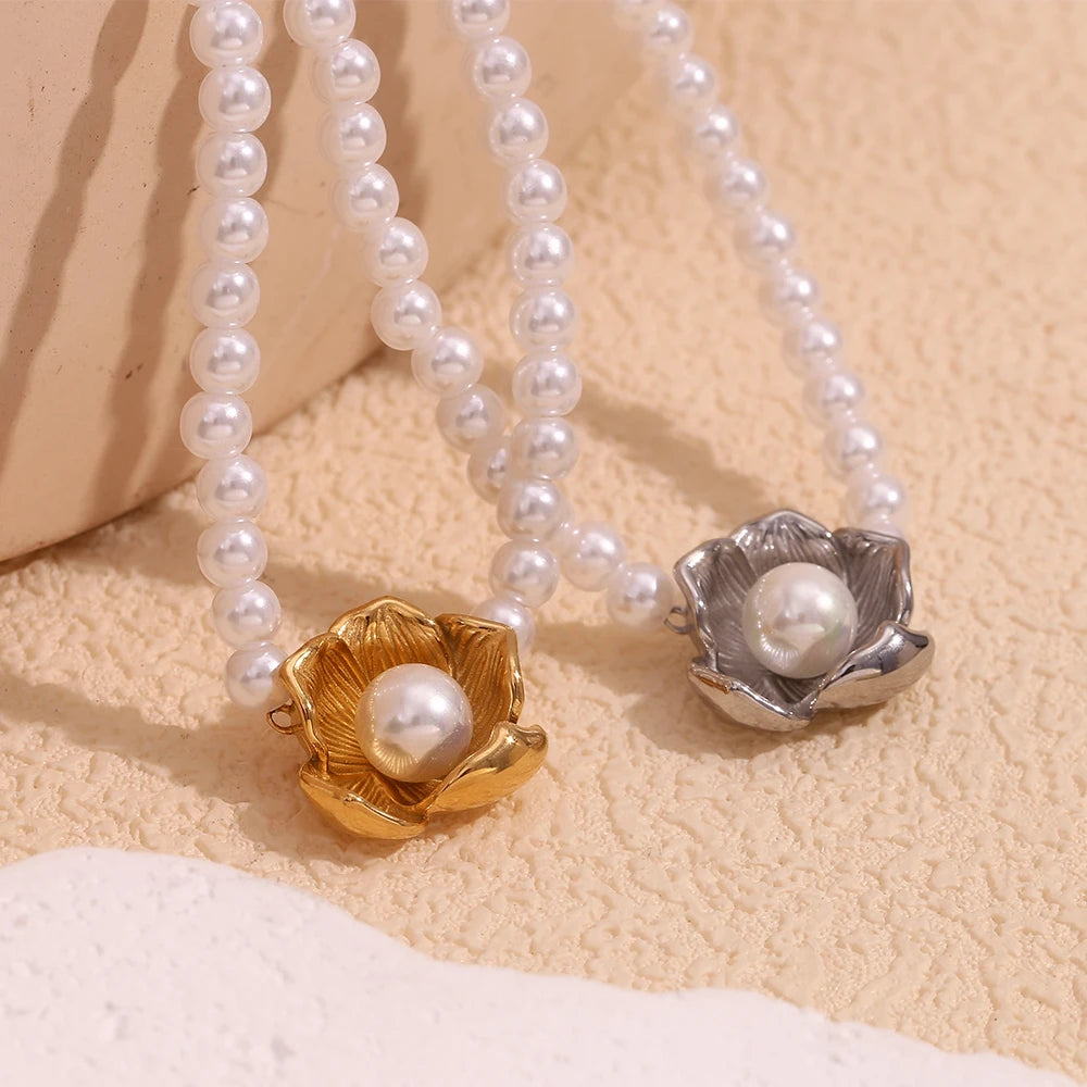 E.B.belle Imitation Pearl Flower Pendant Necklace Hypoallergenic 316L Stainless Steel Accessories 18K Gold Plated Gift