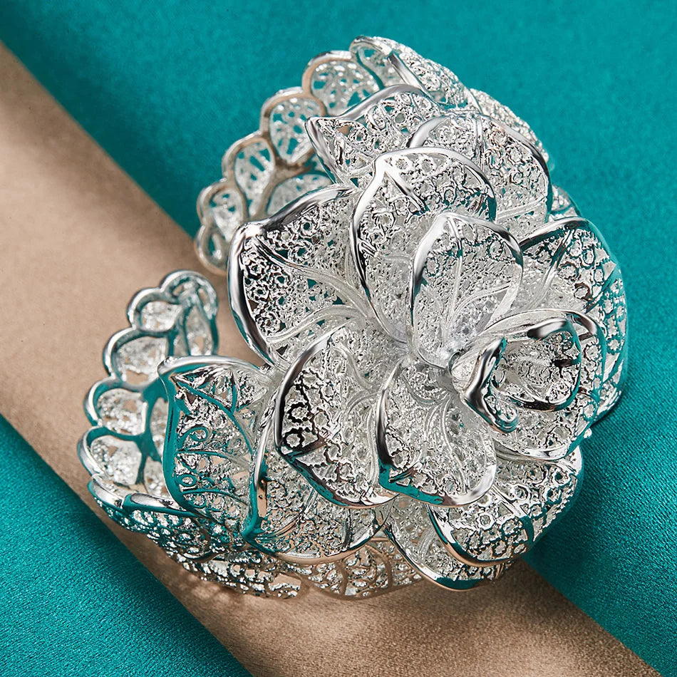 URMYLADY 925 Sterling Silver Big Flower Adjustable Ring Bangle Bracelets Jewelry Sets For Women Wedding Party Fashion Charm Gift