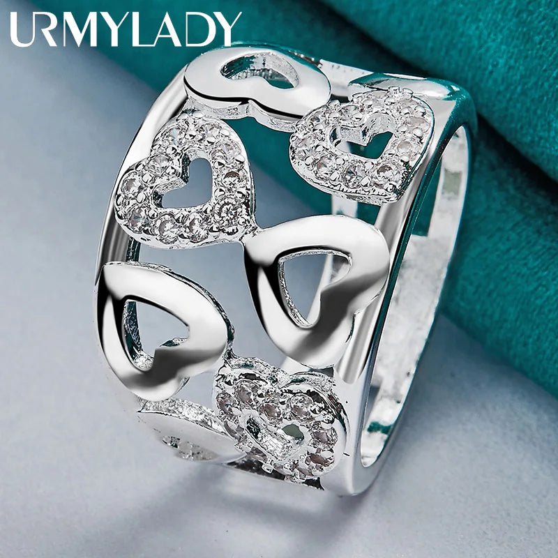 URMYLADY 925 Sterling Silver Hollow Smooth Heart Zircon Charm 7-10# Ring For Women Wedding Engagement Fashion Jewellery