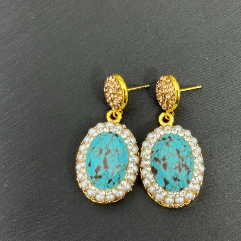NISHIZAWA Turquoise Pearls Earrings for Women Turkish Style Vintage Jewelry Sets Elegant Geometric Fashion Pendientes Mujer