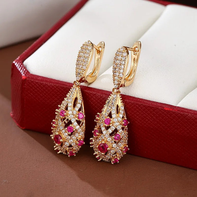 Elegant Hollow Teardrop Drop Earrings Gold Color Earring Sparkling Cubic Zirconia Earring Bridal Statement Jewelry Wedding Party