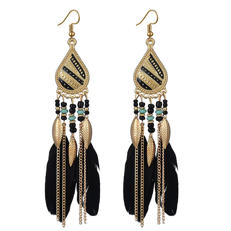 Bohemian Colorful Feather Tassel Earrings For Women Ethnic Beads Drop Statement Hanging Earrings Girls Fashion Jewelry Gift