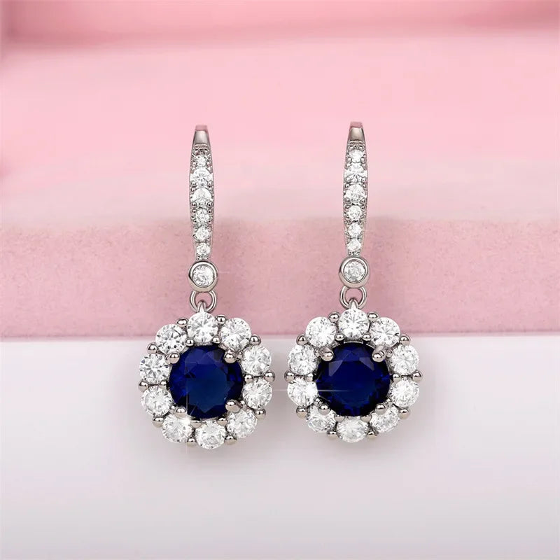 Elegant Round Flower Blue Zircon Sterling Silver Dangle Earrings Dazzling CZ Women Wedding Accessories Fashion Earrings