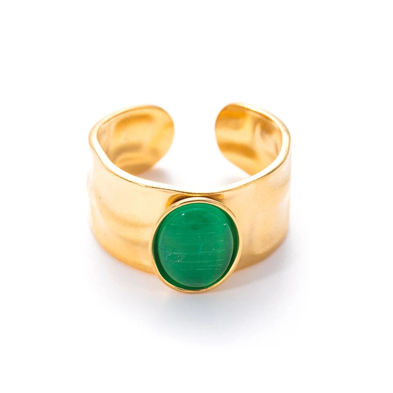 ANENJERY 316L Stainless Steel Colorful Stone Wide Smooth Open Ring for Women Men Elegant Noble Jewelry Gifts Wholesale