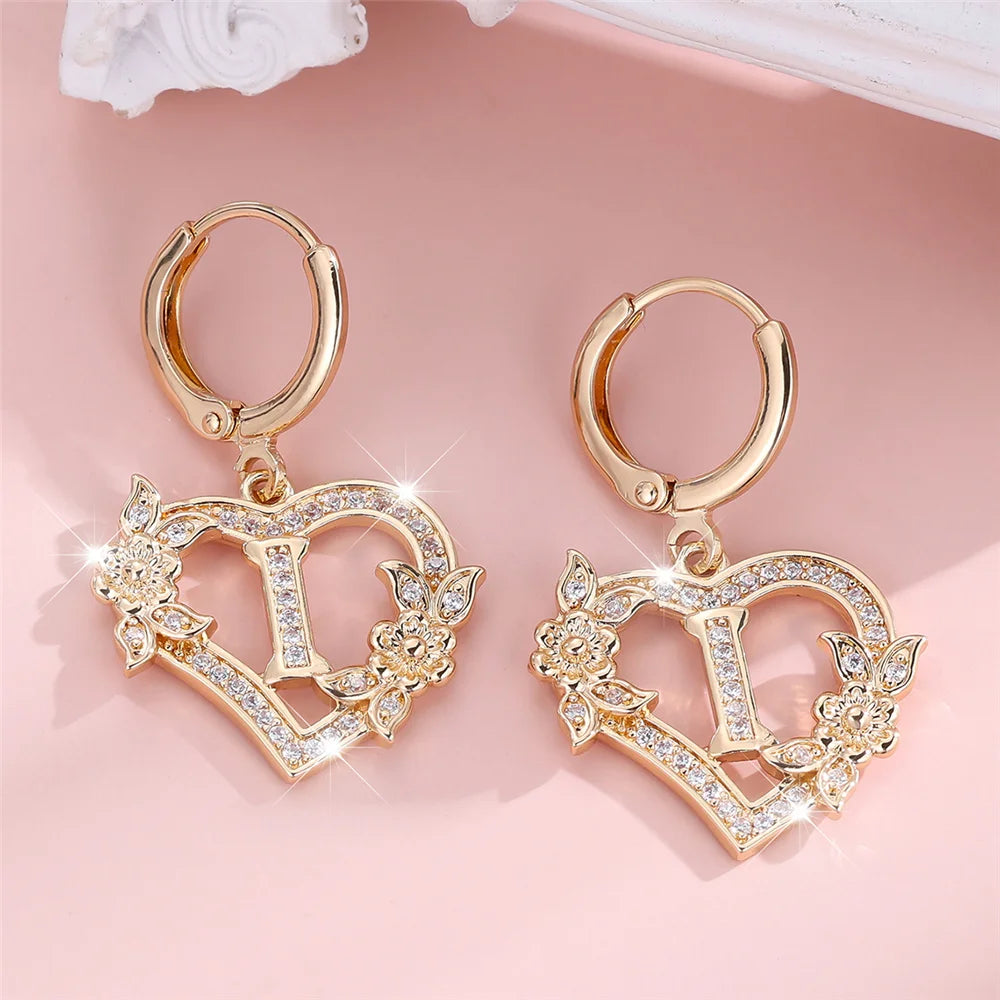Female A-Z 26 Letter Heart Flower Hoop Earrings Yellow Gold Color White Zircon Wedding Jewelry For Women
