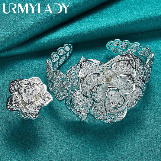 URMYLADY 925 Sterling Silver Big Flower Adjustable Ring Bangle Bracelets Jewelry Sets For Women Wedding Party Fashion Charm Gift