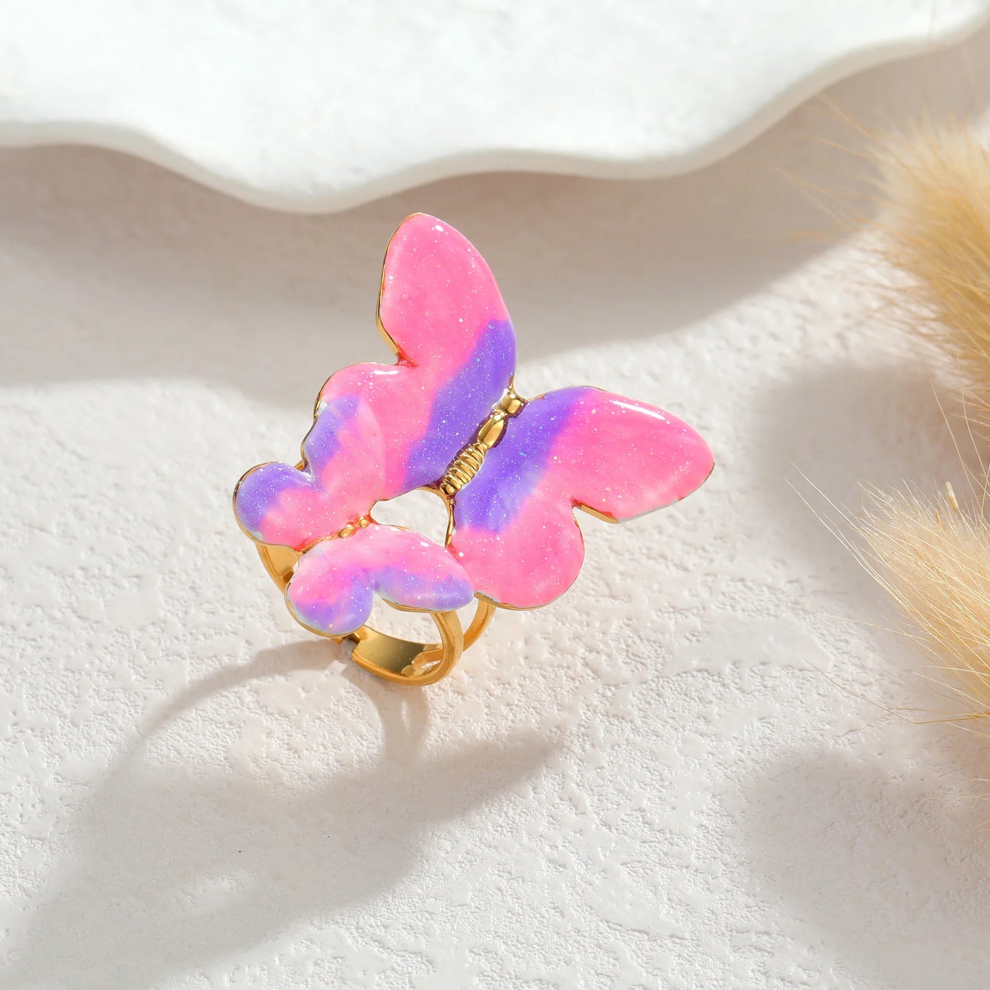 Freeteeme Stylish Dripping Oil Gradient Butterfly Necklace Ring Earrings Jewelry Set for Women Mom Gold Plated Birthday Gifts