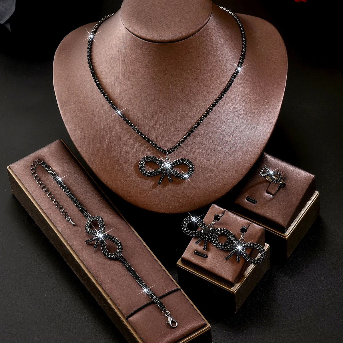 Girl style crystal bow complete set of jewelry, necklace, earrings, bracelet, ring, women's date, dinner dress accessories