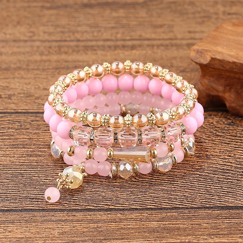 4Pcs Bohemian Bracelet Sets for Women Stackable Glass Acrylic Beads Chain Stretch Bracelets Boho Dainty Jewelry Best Friend Gif