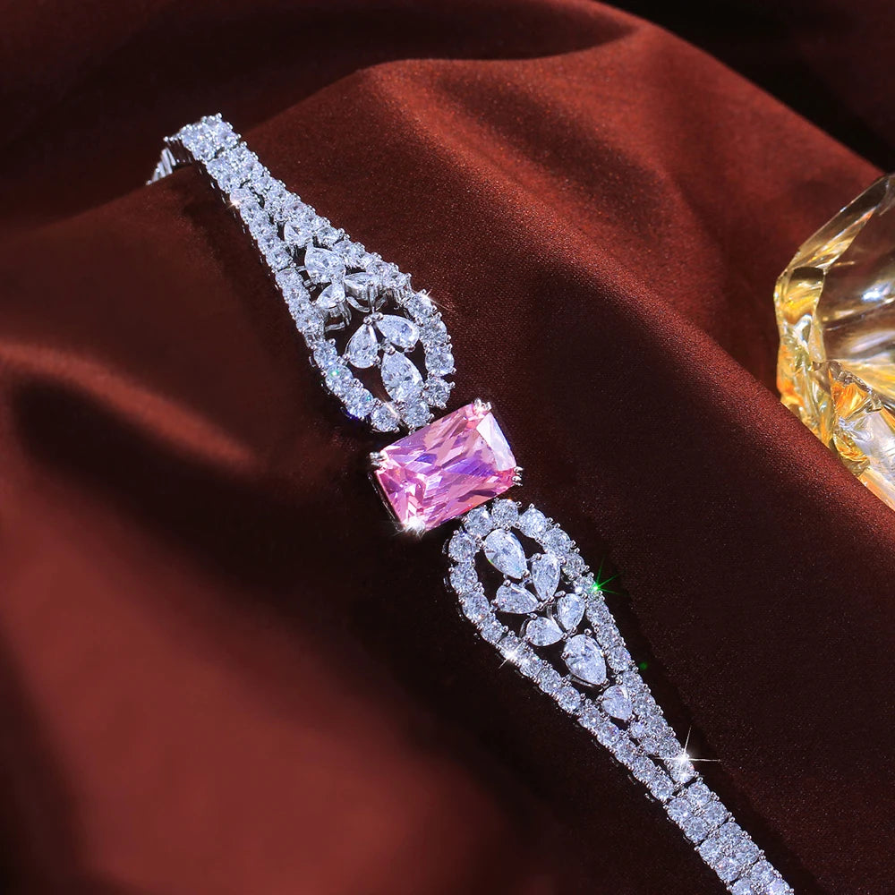 ThreeGraces Elegant Brilliant Pink Square Cubic Zirconia Feather Shape Bridal Wedding Party Link Chain Bracelet for Women BR454