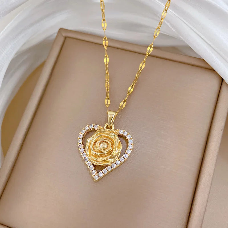 Unique Heart CZ Rose Flower Design Women's Pendant Necklace Aesthetic Bridal Wedding Accessories Gift for Mother's Day New