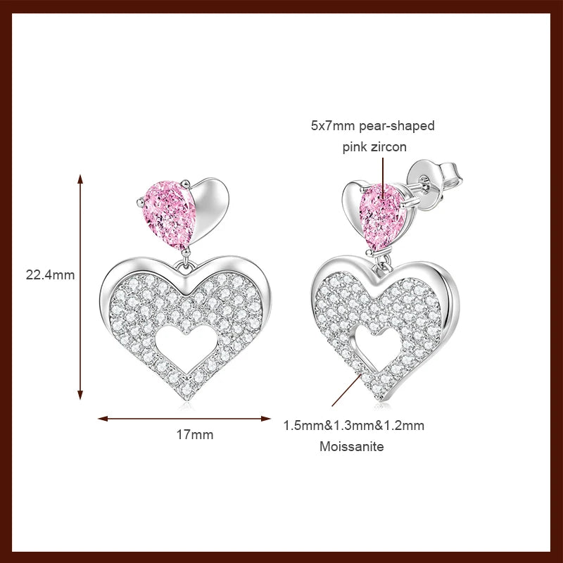 OXTAO Pink Heart-shaped Drop Earrings Sweet Moissanite &CZ Lab Imitation Diamond 14K Gold Filled  for Women Luxury Jewelry