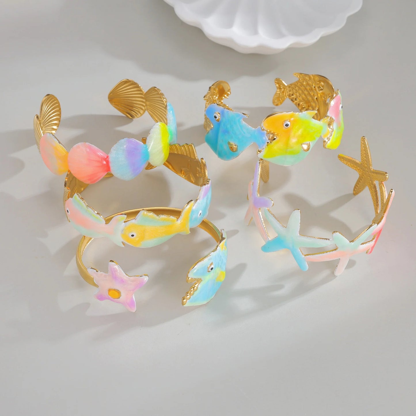 Freeteeme Stylish Colorful Oil Dripping Shell Starfish Bangle for Women Stainless Steel Ocean Series Open Bracelets Beach Gifts