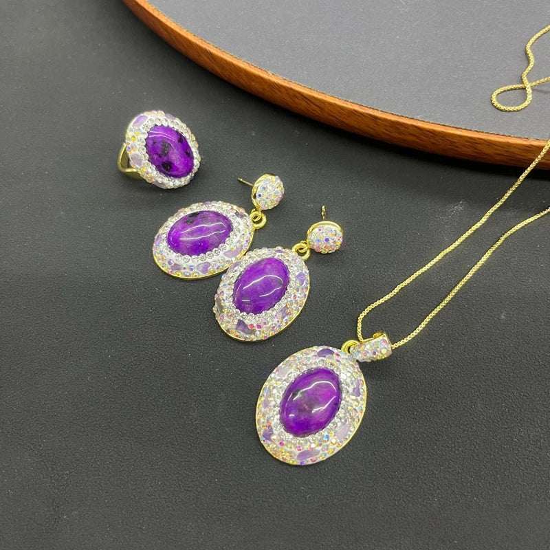 Oval Purple Agate Stone Jewelry Set for Women Handmade Amethyst Rhinestone Turkish Crystal Quartz Jewelry for Wedding Party Gift