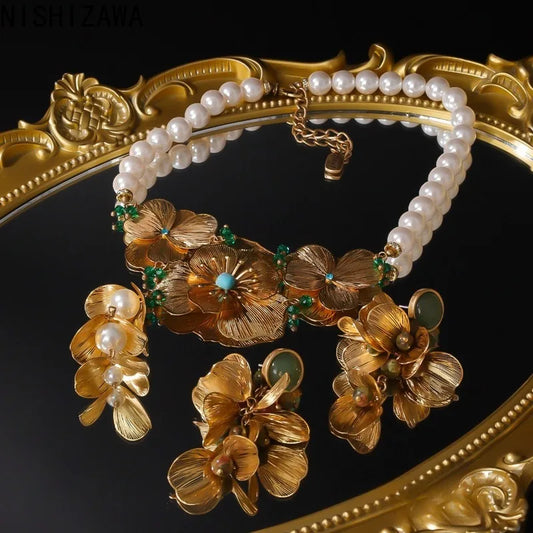 Gold Color Flowers Earrings for Women Vintage New Chinese Style Fashion Jewelry Elegant Agate Light Luxury Pendientes Mujer