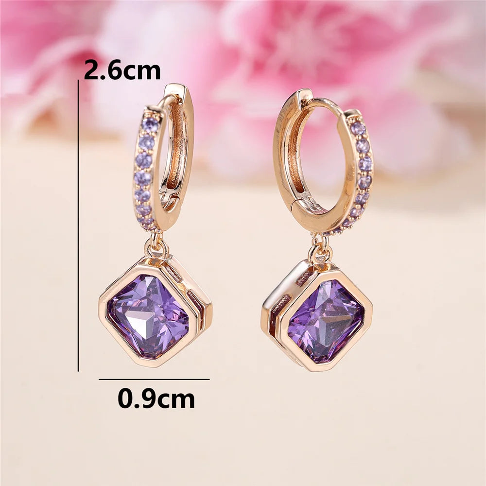 Dainty Female Purple Square Round Zircon Stone Hoop Earrings Cute Gold Color Girlfriend Gifts Wedding Jewelry For Women