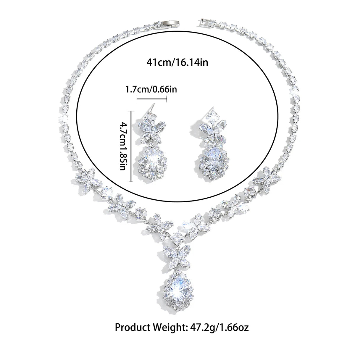 Gorgeous Four‑Leaf Flower Drop Teardrop Zircon Necklace Earrings Set Women Wedding Dress Jewelry Formal Party Matching Accessory