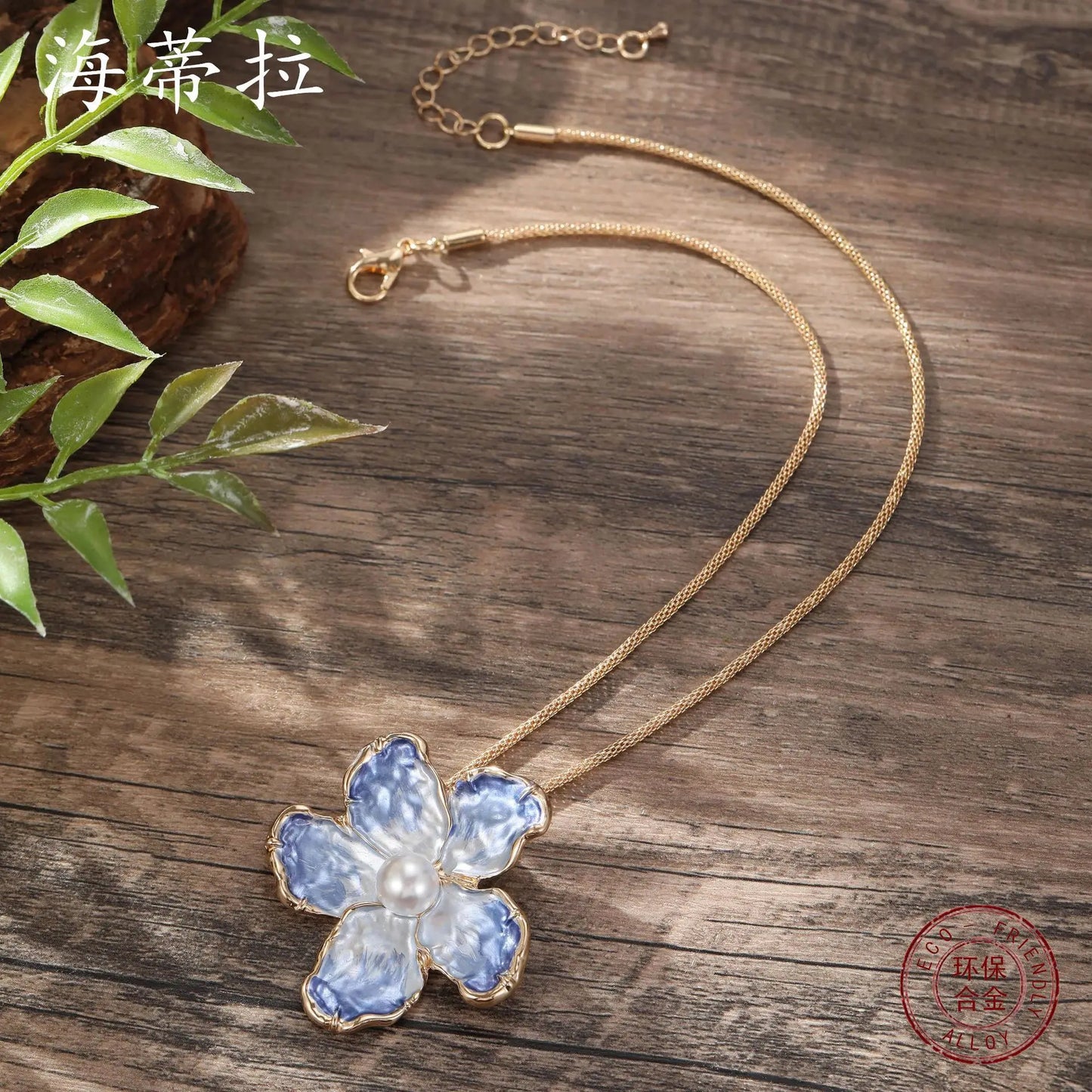 new blue enamel color camellia pendant, fashionable high sense women painting oil gradual change flower necklace
