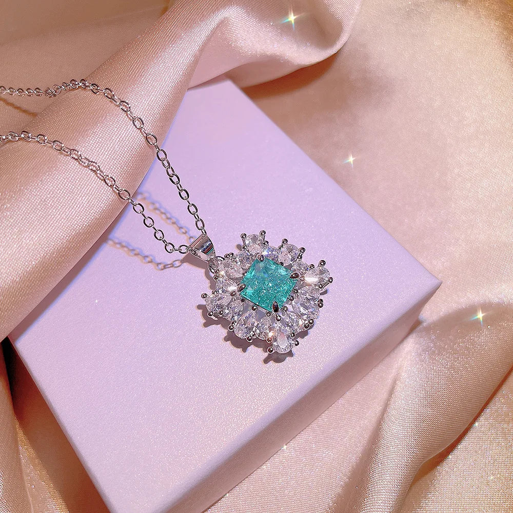 New Paraiba Women's Jewelry Set Princess Bling Bling Zircon Stud Earrings Pendant Adjustable Ring Three Piece Set Party Gift