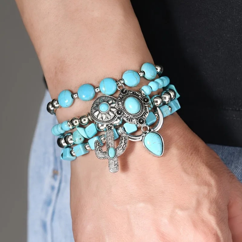 Bohemian Style Bead Bracelet with Cow's Head Geometric Inlay Imitation Turquoise Fashion Combination Jewelry Accessories