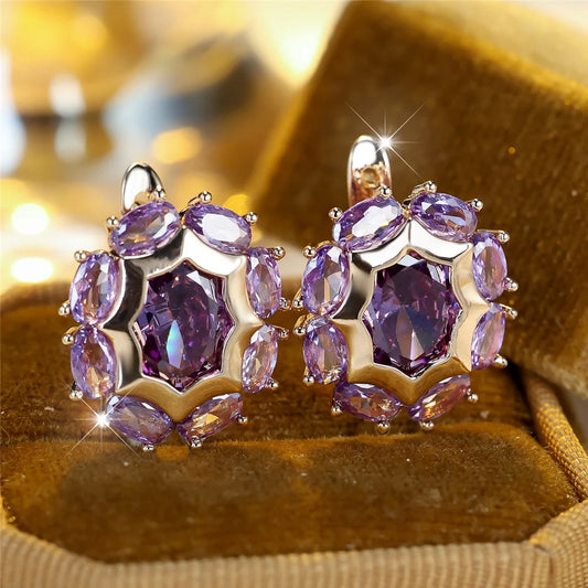 Trendy Crystal Purple Zircon Flower Hoop Earrings For Women Vintage Gold Color Wedding Jewelry