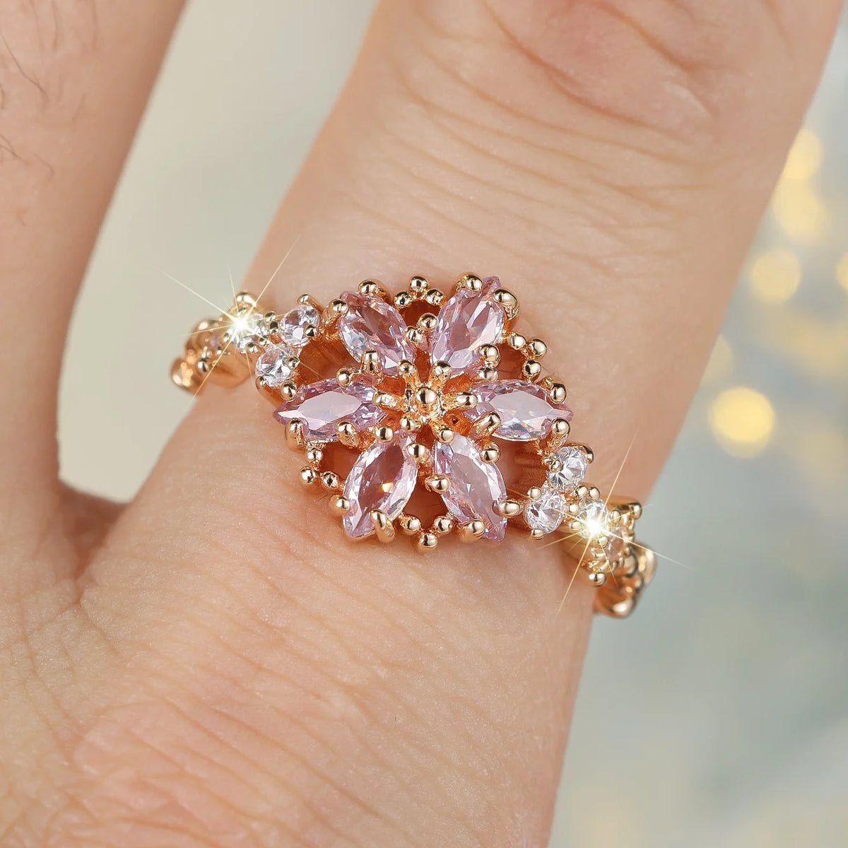 Cute Female Zircon Stone Flower Ring Gold Color Engagement Charm Wedding Jewelry For Women