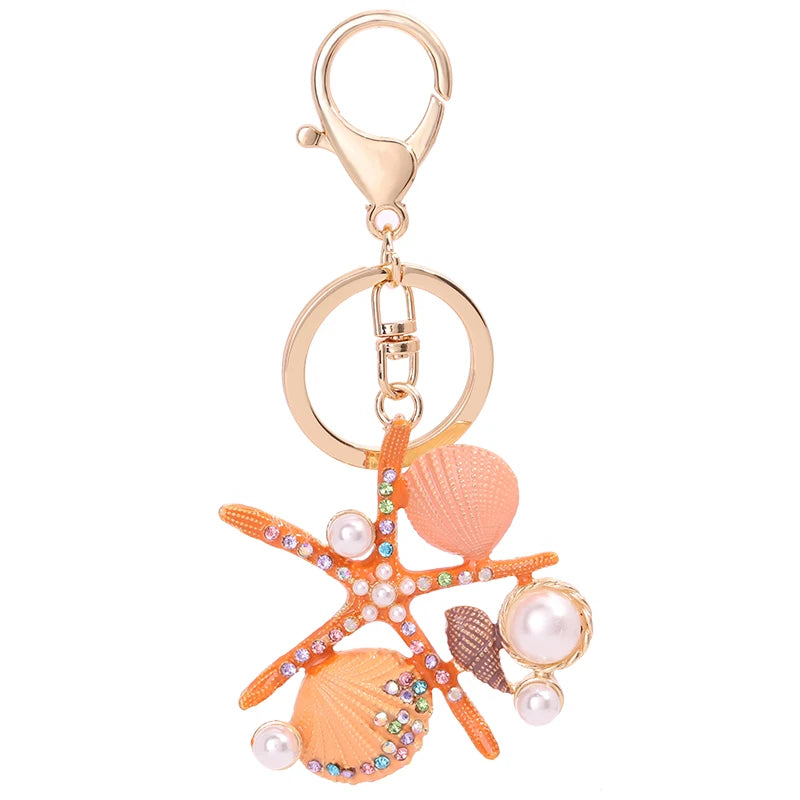 EASYA 2 Colors Sea World Crystal Starfish Keychain Fashion Simulated Pearl Shell Keyring Holders For Women Bag Car Key Chains