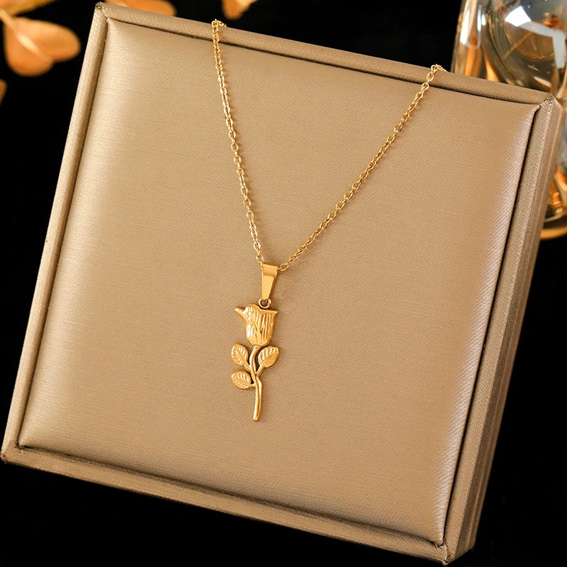 EILIECK New Tulip Flower Cubic Zirconia Chain Necklace Stainless Steel Fashion Collar Necklace Jewelry for Women Bijoux Gift