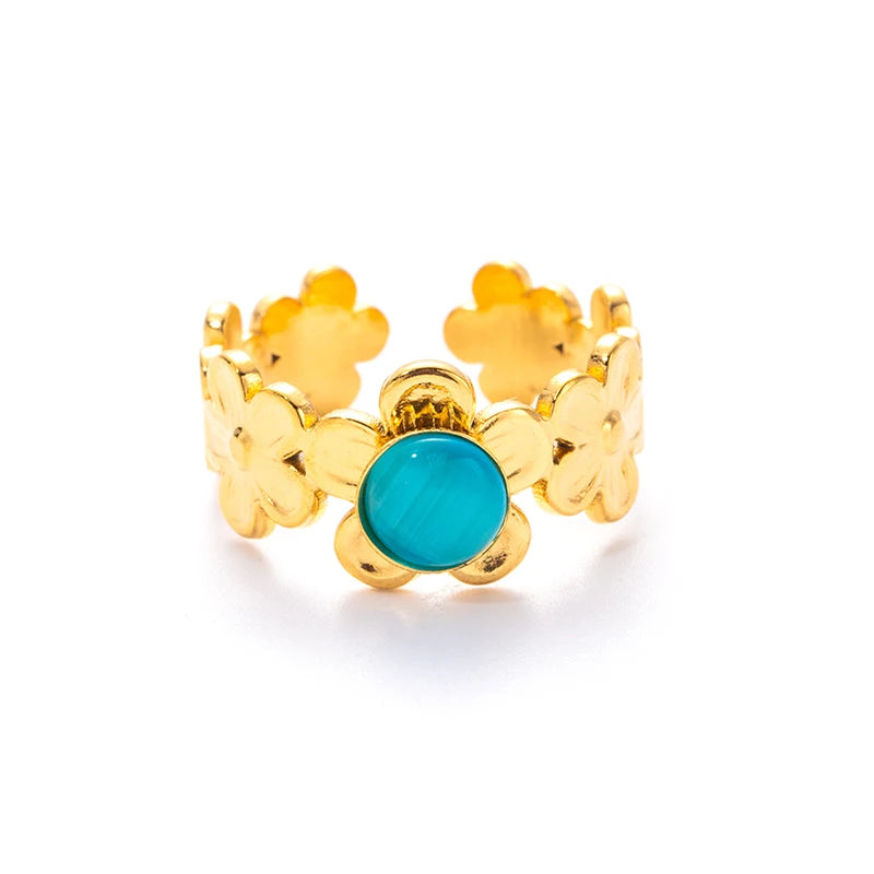 ANENJERY 316L Stainless Steel Flower Inlaid Colorful Stone Open Ring for Women Men Beauty Delicate Jewelry Gifts Wholesale