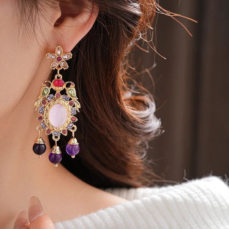 Mediaeval Retro Oval Resin Dangle Earrings Palace Style Rhinestones Flowers Tassels Pendant Ear Drops Jewelry Pendientes Mujer N
