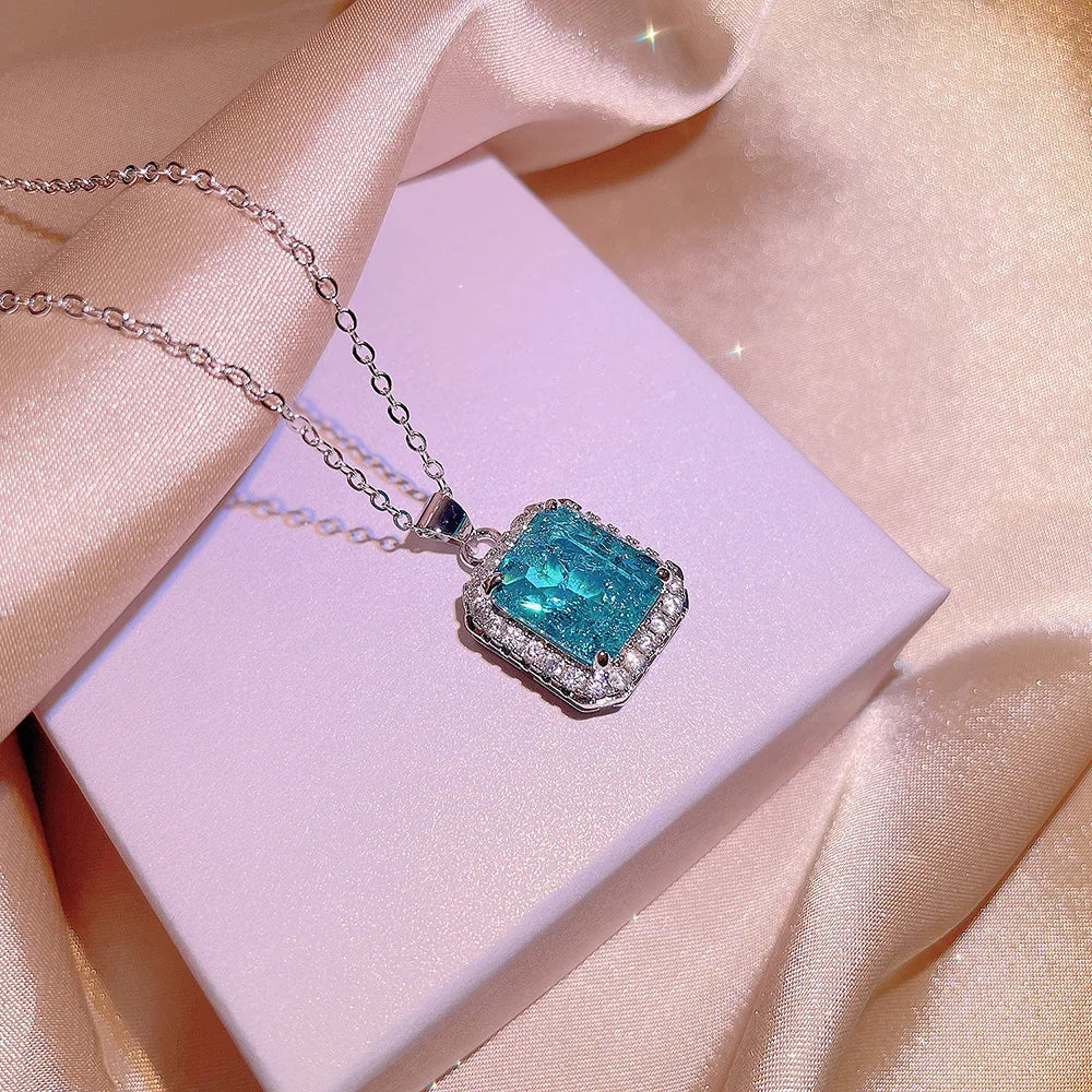 Haute Couture New Square Paraiba Ring Earring Necklace Three-piece Suit Women's Cocktail Party Gift Direct Sale