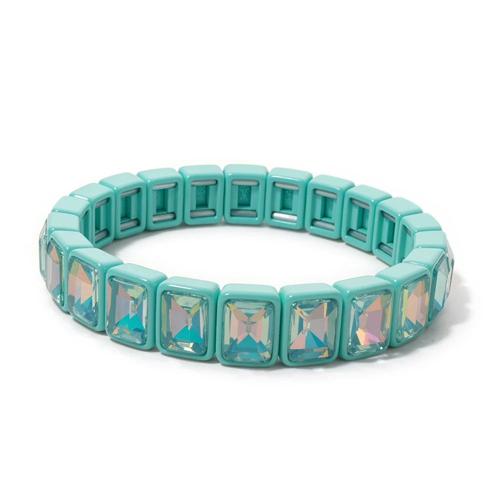 8x10mm Zirconia Enamel Bangle For Women Handmde Rainbow Color Elastic Beaded Bracelets