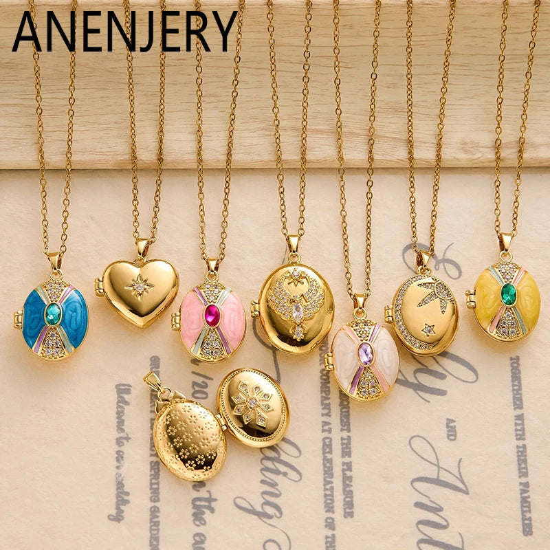ANENJERY 316L Stainless Steel Openable Oval Heart Photo Frame Zircon Necklace For Women Delicate Vintage Jewelry Gifts Wholesale