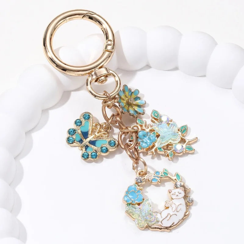 Pretty Cat Butterfly Flowers Enamel Keychain Cute Animals Plants Key Ring For Women Girls Handmade Friendship Gift Diy Jewelry