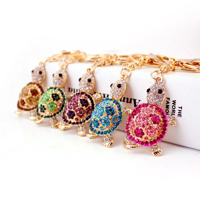 Dalaful Novelty Crystal Rhinestone Tortoise Keyrings Key Chains Holder For Car Purse Bag Pendant Buckle Fashion Keychains K233