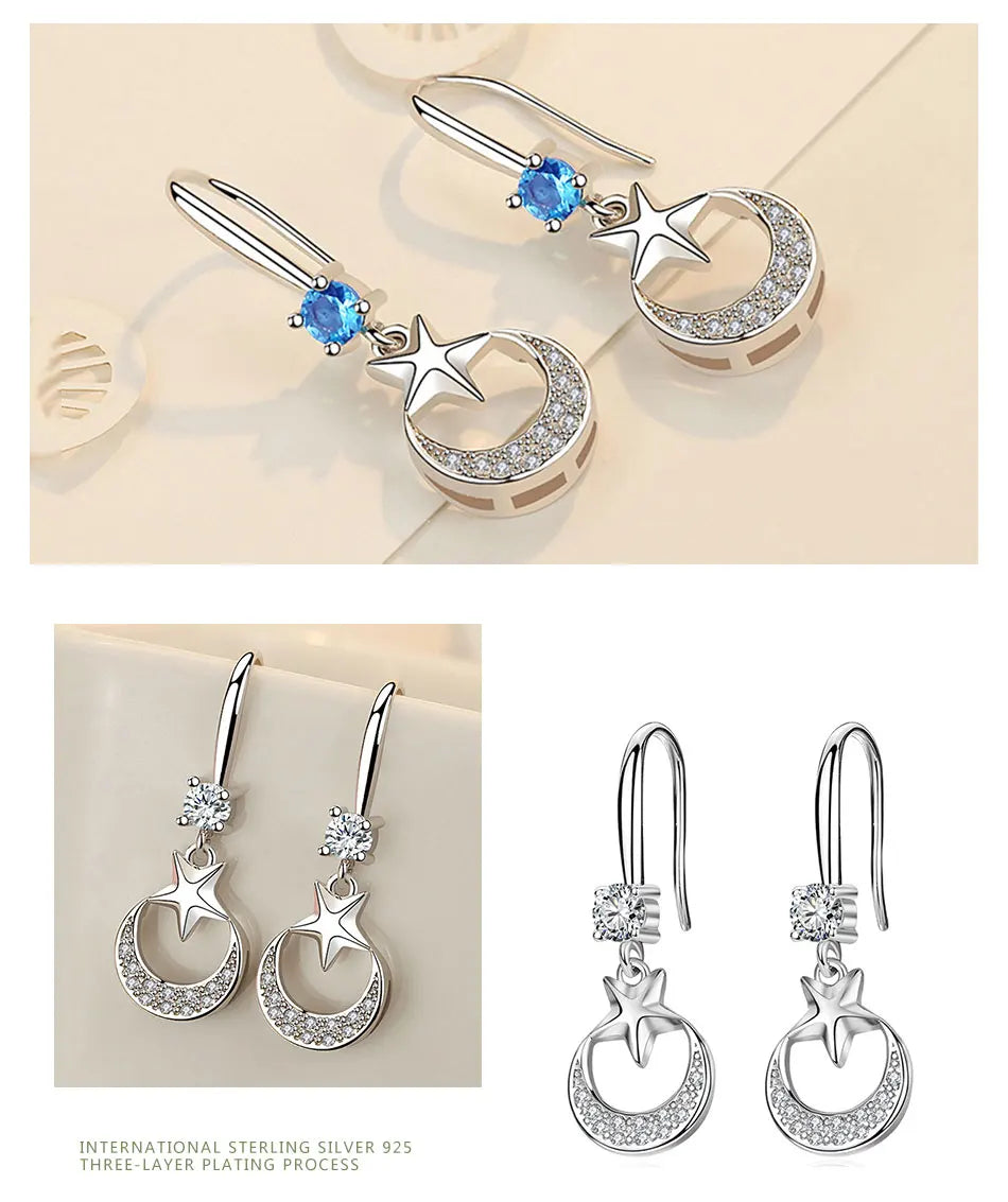 ZDADAN 925 Sterling Silver Star Moon CZ Dangle Earrings For Women Fashion Jewelry